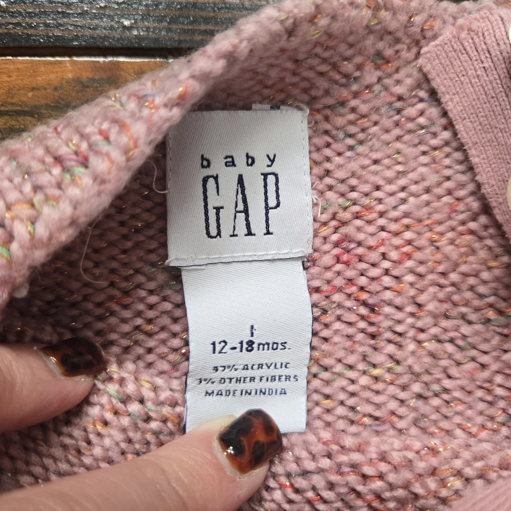 Baby Gap 12-18M Pink Marled Knit Sweater Mock Neck Button Shoulder Confetti Top
